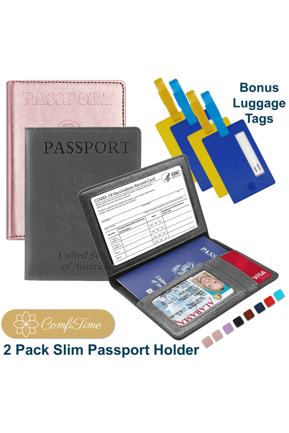 Passport Holder, 2Pack Slim Passport Travel Wallet, 4 Bonus Luggage Tags, Waterproof Passport Cover/Case Protector for Women/Men W/ Vaccine Card Holder&Credit Card Slots,Dark Gray/Rose Gold