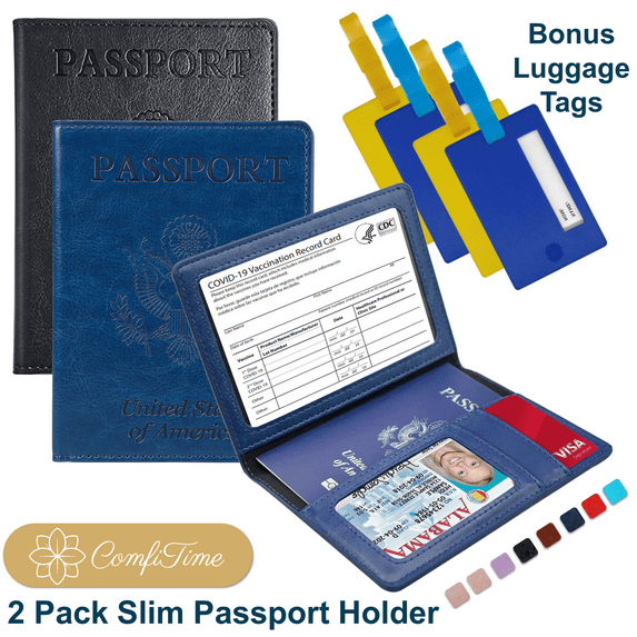 ComfiTime Passport Holder, 2Pack Slim Passport Travel Wallet, 4 Bonus Luggage Tags, Waterproof Passport Cover/Case Protector for Women/Men W/ Vaccine Card Holder&Credit Card Slots, Navy Blue/Black