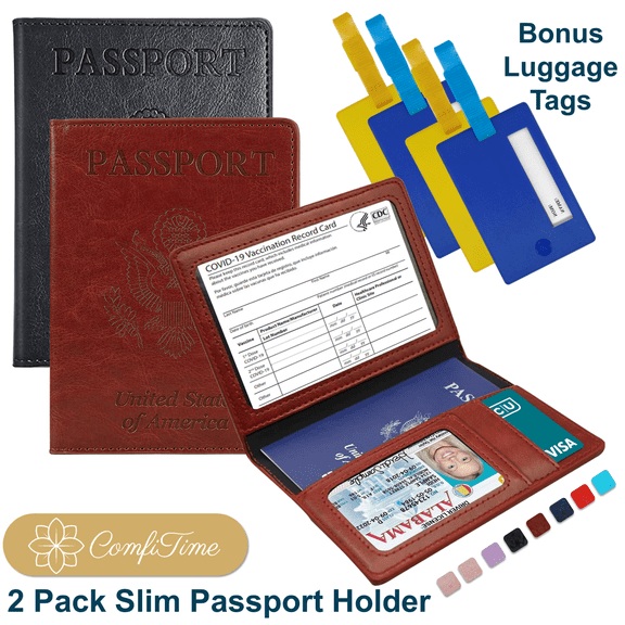 ComfiTime Passport Holder, 2Pack Slim Passport Travel Wallet, 4 Bonus Luggage Tags, Waterproof Passport Cover/Case Protector for Women/Men W/ Vaccine Card Holder&Credit Card Slots, Brown/Black