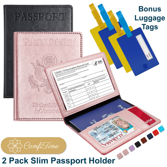 ComfiTime Passport Holder, 2Pack Slim Passport Travel Wallet, 4 Bonus Luggage Tags, Waterproof Passport Cover/Case Protector for Women/Men W/ Vaccine Card Holder&Credit Card Slots, Rose Gold/Black