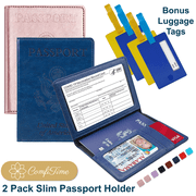 ComfiTime Passport Holder, 2Pack Slim Passport Travel Wallet, 4 Bonus Luggage Tags, Waterproof Passport Cover/Case Protector for Women/Men W/ Vaccine Card Holder&Credit Card Slots, Navy Blue/Rose Gold