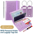 thumbnail image 1 of ComfiTime Passport Holder and Luggage Tags Set – RFID Passport Wallet/Cover with Vaccine Card Holder and Credit Card Slots, PU Leather Travel Tags for Suitcases and Bags, TSA Approved, Glitter Purple, 1 of 14