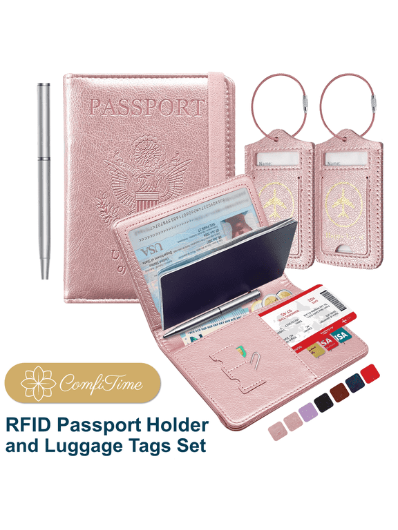 Passport Holder and Luggage Tags Set – RFID Passport Wallet/Cover with Vaccine Card Holder and Credit Card Slots, PU Leather Travel Tags for Suitcases and Bags, TSA Approved, Rose Gold