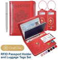 thumbnail image 1 of ComfiTime Passport Holder and Luggage Tags Set – RFID Passport Wallet/Cover with Vaccine Card Holder and Credit Card Slots, PU Leather Travel Tags for Suitcases and Bags, TSA Approved, Red, 1 of 14
