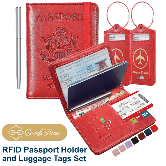 ComfiTime Passport Holder and Luggage Tags Set – RFID Passport Wallet/Cover with Vaccine Card Holder and Credit Card Slots, PU Leather Travel Tags for Suitcases and Bags, TSA Approved, Red
