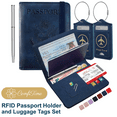 thumbnail image 1 of ComfiTime Passport Holder and Luggage Tags Set – RFID Passport Wallet/Cover with Vaccine Card Holder and Credit Card Slots, PU Leather Travel Tags for Suitcases and Bags, TSA Approved, Navy Blue, 1 of 14