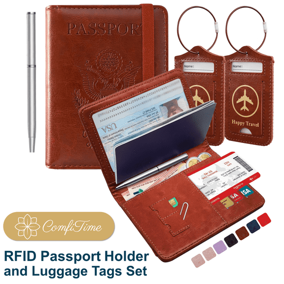 ComfiTime Passport Holder and Luggage Tags Set – RFID Passport Wallet/Cover with Vaccine Card Holder and Credit Card Slots, PU Leather Travel Tags for Suitcases and Bags, TSA Approved, Brown