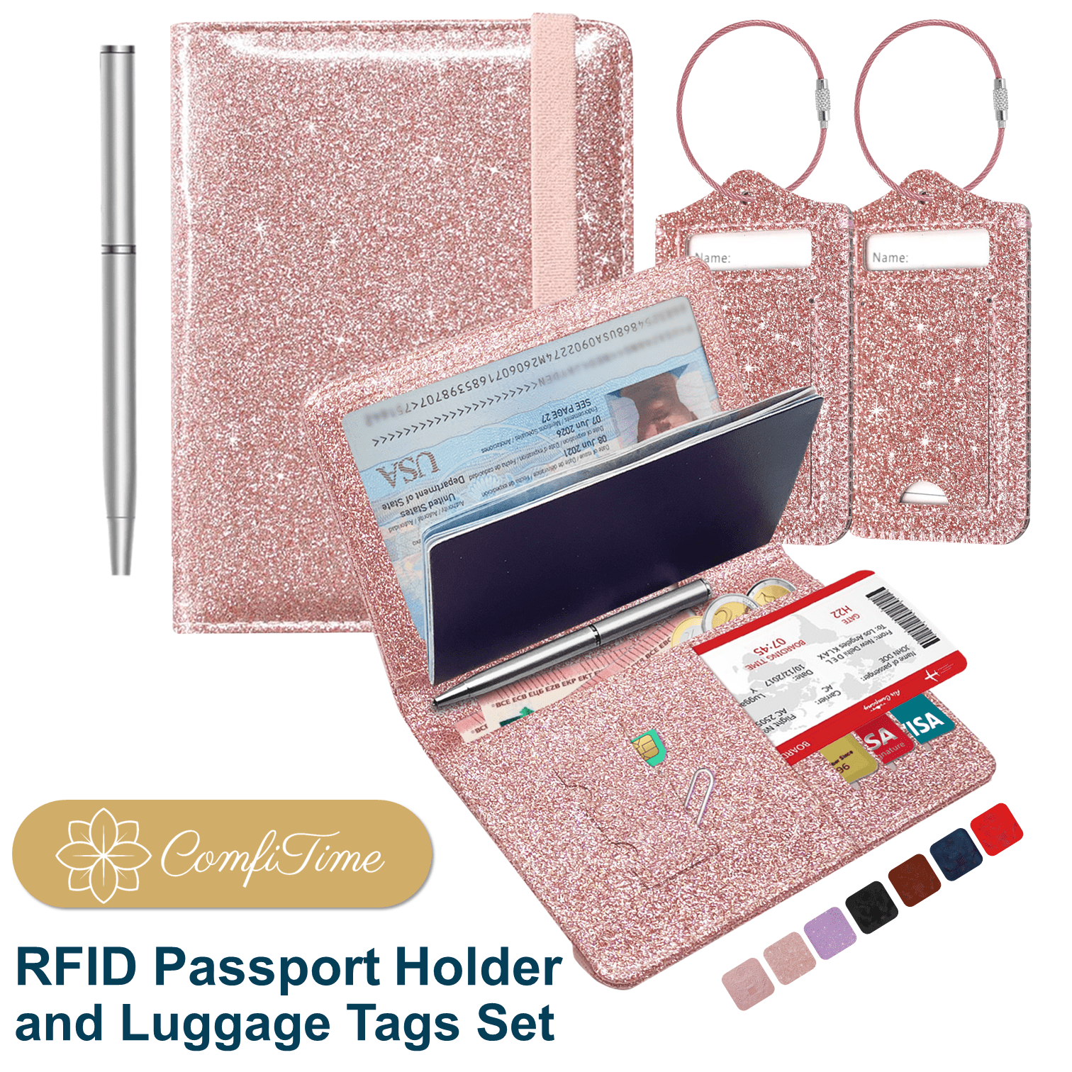 ComfiTime Passport Holder and Luggage Tags Set – RFID Passport Wallet/Cover  with Vaccine Card Holder and Credit Card Slots, PU Leather Travel Tags for 
