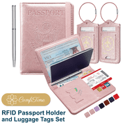 ComfiTime Passport Holder and Luggage Tags Set – RFID Passport Wallet/Cover with Vaccine Card Holder and Credit Card Slots, PU Leather Travel Tags for Suitcases and Bags, TSA Approved, Rose Gold