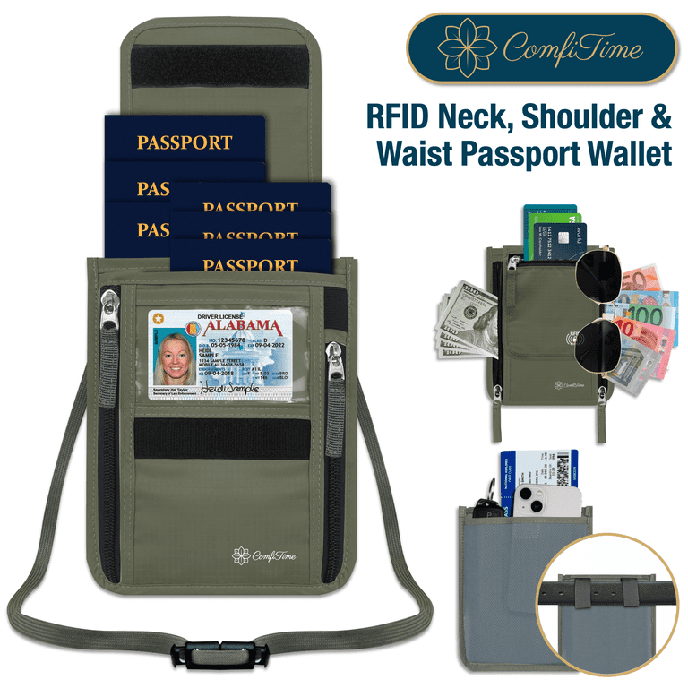 ComfiTime Passport Holder Neck Wallet - RFID Passport Wallet for Men, Women  and Family, Travel Document Holder, Passport Case/Cover, Money Belt Hidden 