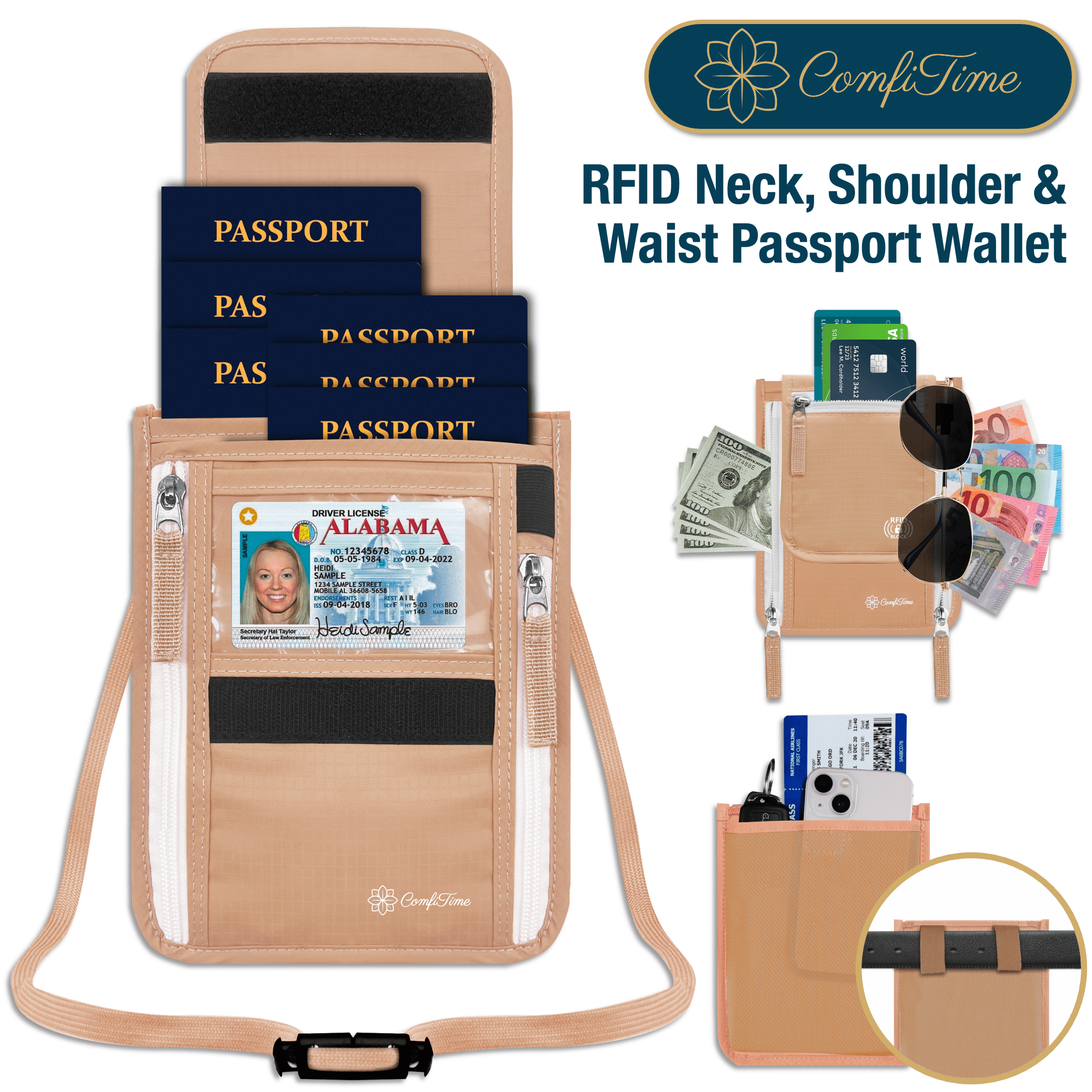 ComfiTime Passport Holder Neck Wallet - RFID Passport Wallet for Men, Women  and Family, Travel Document Holder, Passport Case/Cover, Money Belt Hidden 