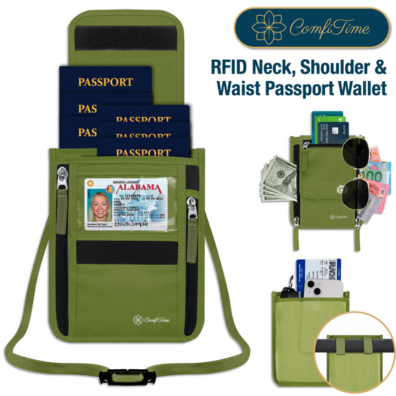 ComfiTime Passport Holder Neck Wallet - RFID Travel Wallet for Men, Women & Family, Anti Pickpocket Neck Crossbody Waist Pouch for Cruise, Gym, Hiking & Everyday Use, Lightweight Hidden Money Belt