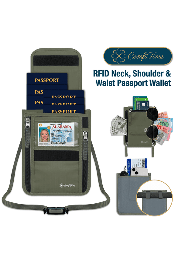 Passport Holder Neck Wallet - RFID Travel Wallet for Men, Women & Family, Anti Pickpocket Neck Crossbody Waist Pouch for Cruise, Gym, Hiking & Everyday Use, Lightweight Hidden Money Belt