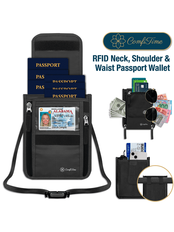 Passport Holder Neck Wallet - RFID Travel Wallet for Men, Women & Family, Anti Pickpocket Neck Crossbody Waist Pouch for Cruise, Gym, Hiking & Everyday Use, Lightweight Hidden Money Belt