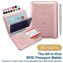 ComfiTime Passport Holder, RFID Blocking PU Leather Passport Cover and Vaccine Card Holder for Women & Men, Waterproof Passport Case Travel Wallet, Travel Credit Card Holder Protector, Rose Gold