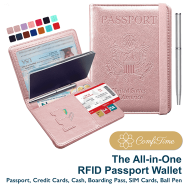 ComfiTime Passport and Vaccine Card Holder Combo, Waterproof PU Leather Passport Holder with Vaccine Card Slot, RFID Blocking Passport Wallet Cover Case with Vaccination Card Protector, Rose Gold
