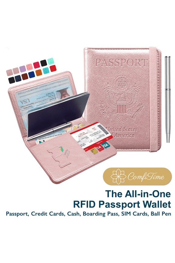 Passport and Vaccine Card Holder Combo, Waterproof PU Leather Passport Holder with Vaccine Card Slot, RFID Blocking Passport Wallet Cover Case with Vaccination Card Protector, Rose Gold