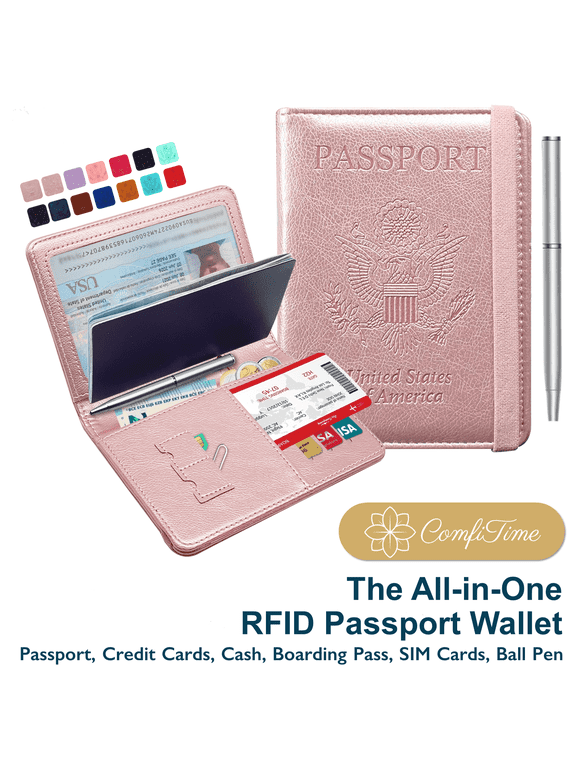 Passport and Vaccine Card Holder Combo, Waterproof PU Leather Passport Holder with Vaccine Card Slot, RFID Blocking Passport Wallet Cover Case with Vaccination Card Protector, Rose Gold
