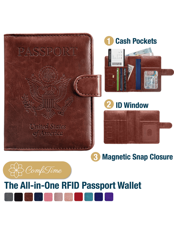 Passport Holder – RFID Blocking Passport Travel Wallet, Waterproof PU Leather Passport Cover Case for Men/Women, Anti-Theft ID, Card & Boarding Pass Holder & Travel Organizer, Brown