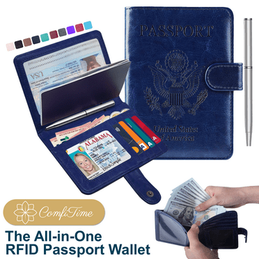 ComfiTime Passport Holder – RFID Blocking Passport Wallet for Cash, Travel Wallet Passport Cover with Vaccine Card Holder for Men/Women, Waterproof PU Leather Passport Case, Navy Blue