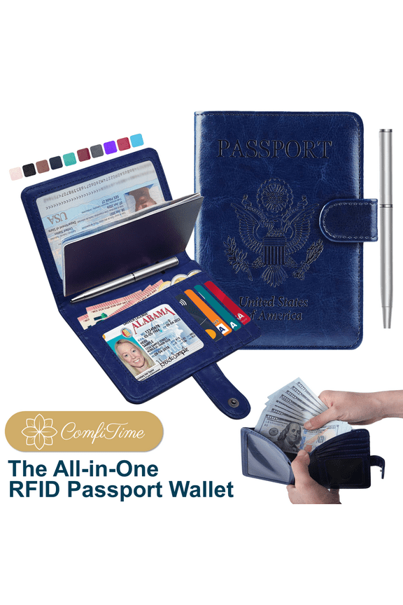 Passport Holder – RFID Blocking Passport Wallet for Cash, Travel Wallet Passport Cover with Vaccine Card Holder for Men/Women, Waterproof PU Leather Passport Case, Navy Blue