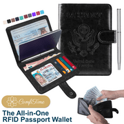 ComfiTime Passport Holder   RFID Blocking Passport Wallet for Cash, Travel Wallet Passport Cover with Vaccine Card Holder for Men/Women, Waterproof PU Leather Passport Case, Black