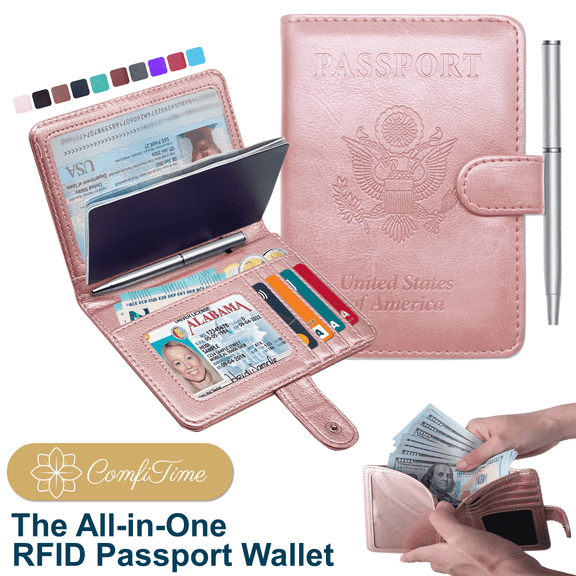 ComfiTime Passport Holder – RFID Blocking Passport Wallet for Cash, Travel Wallet Passport Cover with Vaccine Card Holder for Men/Women, Waterproof PU Leather Passport Case, Rose Gold