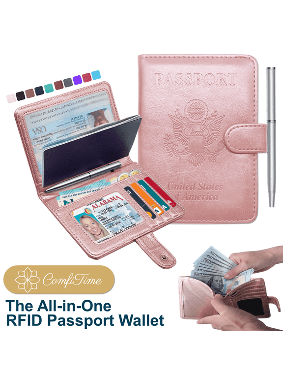 Passport Holder – RFID Blocking Passport Wallet for Cash, Travel Wallet Passport Cover with Vaccine Card Holder for Men/Women, Waterproof PU Leather Passport Case, Rose Gold