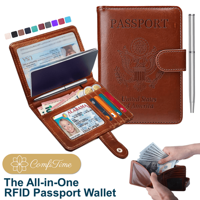 ComfiTime Passport Holder – RFID Blocking Passport Wallet for Cash, Travel Wallet Passport Cover with Vaccine Card Holder for Men/Women, Waterproof PU Leather Passport Case, Brown