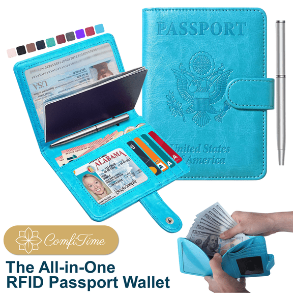 ComfiTime Passport Holder – RFID Blocking Passport Wallet for Cash, Travel Wallet Passport Cover with Vaccine Card Holder for Men/Women, Waterproof PU Leather Passport Case, Sky Blue