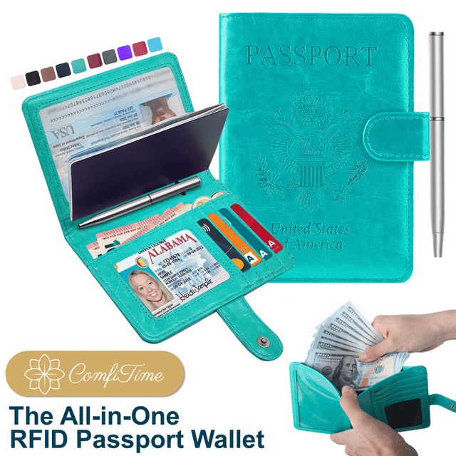 ComfiTime RFID Blocking Passport Holder Waterproof PU Leather Wallet with Vaccine Card Slot