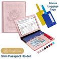 thumbnail image 1 of ComfiTime Passport Holder – Slim Passport Wallet with Vaccine Card Holder and Credit Card Slots, 2 Bonus Travel Luggage Tags, Waterproof PU Leather Passport Cover/ Case, Rose Gold, 1 of 10