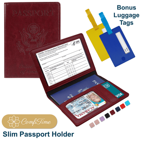 ComfiTime Passport Holder – Slim Passport Wallet with Vaccine Card Holder and Credit Card Slots, 2 Bonus Travel Luggage Tags, Waterproof PU Leather Passport Cover/ Case, Vintage red