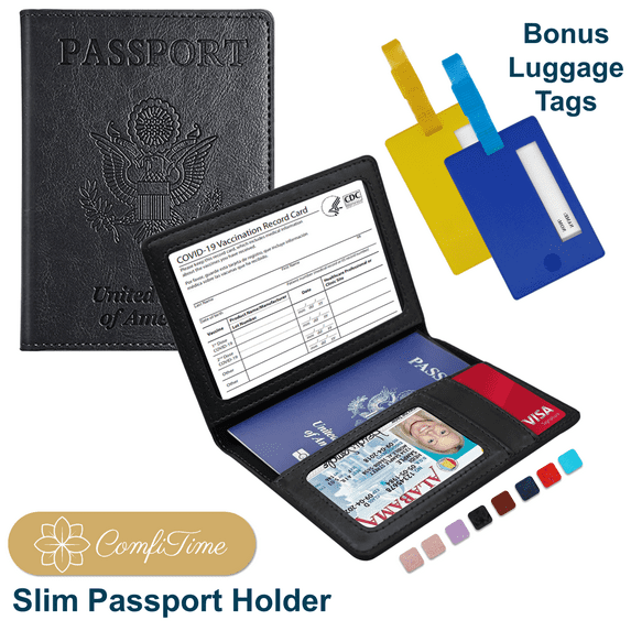 ComfiTime Passport Holder – Slim Passport Wallet with Vaccine Card Holder and Credit Card Slots, 2 Bonus Travel Luggage Tags, Waterproof PU Leather Passport Cover/ Case, Black