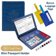 ComfiTime Passport Holder – Slim Passport Wallet with Vaccine Card Holder and Credit Card Slots, 2 Bonus Travel Luggage Tags, Waterproof PU Leather Passport Cover/ Case, Navy Blue