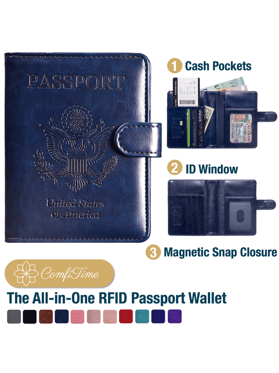 Passport Holder – RFID Blocking Passport Travel Wallet, Waterproof PU Leather Passport Cover Case for Men/Women, Anti-Theft ID, Card & Boarding Pass Holder & Travel Organizer, Navy Blue