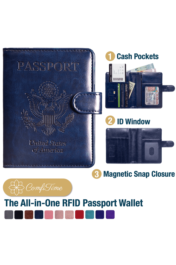 Passport Holder – RFID Blocking Passport Travel Wallet, Waterproof PU Leather Passport Cover Case for Men/Women, Anti-Theft ID, Card & Boarding Pass Holder & Travel Organizer, Navy Blue
