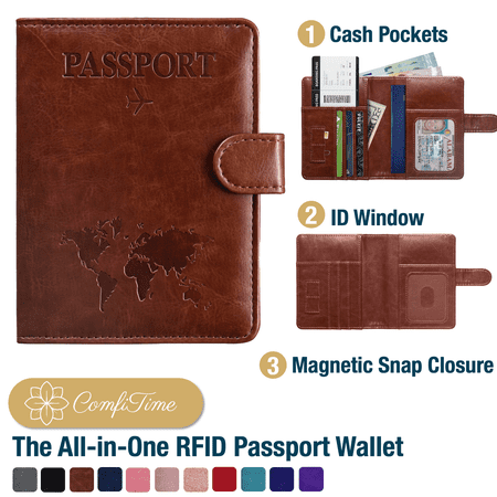 ComfiTime Passport Holder – RFID Blocking Passport Travel Wallet, Waterproof PU Leather Passport Cover Case for Men/Women, Anti-Theft ID, Card & Boarding Pass Holder & Travel Organizer, Brown