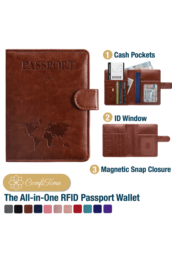Passport Holder – RFID Blocking Passport Travel Wallet, Waterproof PU Leather Passport Cover Case for Men/Women, Anti-Theft ID, Card & Boarding Pass Holder & Travel Organizer, Brown