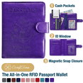 thumbnail image 1 of ComfiTime Passport Holder – RFID Blocking Passport Travel Wallet, Waterproof PU Leather Passport Cover Case for Men/Women, Anti-Theft ID, Card & Boarding Pass Holder & Travel Organizer, Purple, 1 of 11