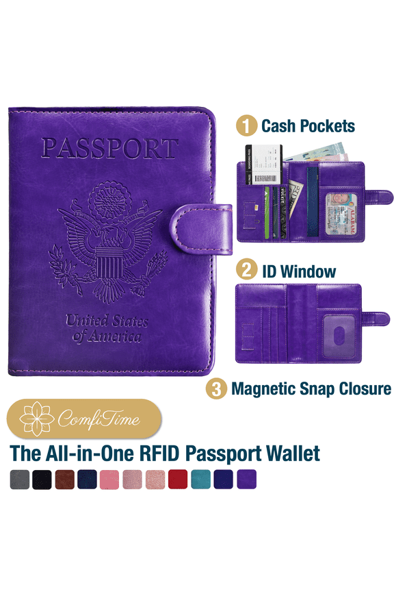 Passport Holder – RFID Blocking Passport Travel Wallet, Waterproof PU Leather Passport Cover Case for Men/Women, Anti-Theft ID, Card & Boarding Pass Holder & Travel Organizer, Purple
