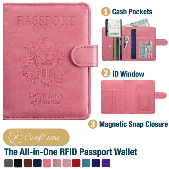 ComfiTime Passport Holder – RFID Blocking Passport Travel Wallet, Waterproof PU Leather Passport Cover Case for Men/Women, Anti-Theft ID, Card & Boarding Pass Holder & Travel Organizer, Light Pink