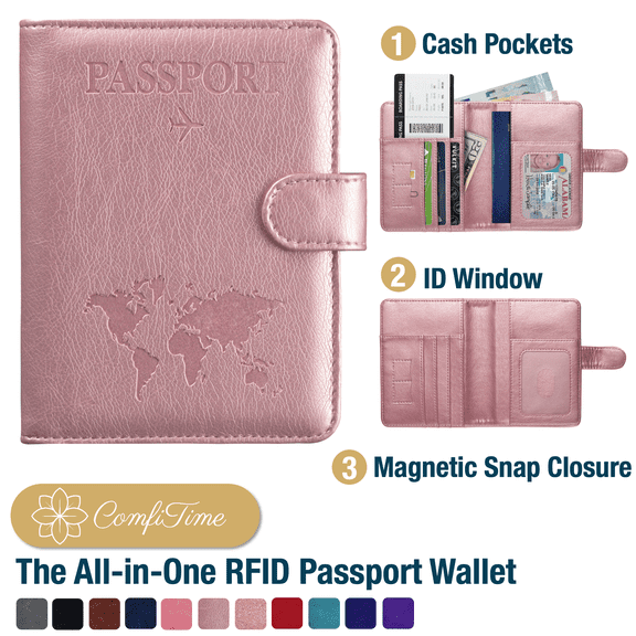 ComfiTime Passport Holder – RFID Blocking Passport Travel Wallet, Waterproof PU Leather Passport Cover Case for Men/Women, Anti-Theft ID, Card & Boarding Pass Holder & Travel Organizer, Rose Gold