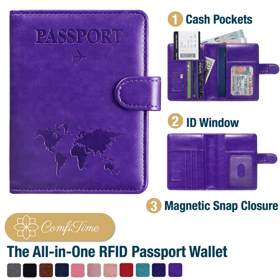 ComfiTime Passport Holder – RFID Blocking Passport Travel Wallet, Waterproof PU Leather Passport Cover Case for Men/Women, Anti-Theft ID, Card & Boarding Pass Holder & Travel Organizer, Purple