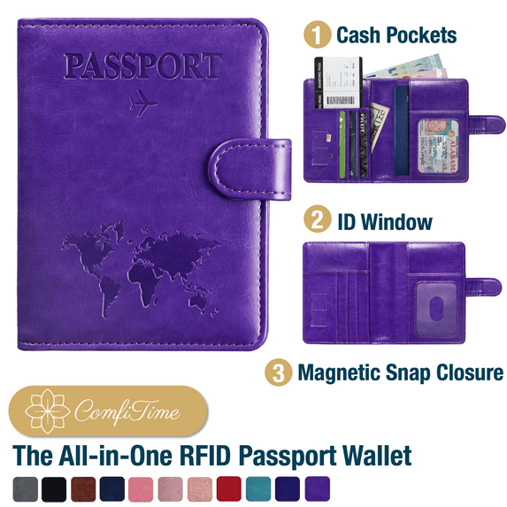 ComfiTime Passport Holder – RFID Blocking Passport Travel Wallet, Waterproof PU Leather Passport Cover Case for Men/Women, Anti-Theft ID, Card & Boarding Pass Holder & Travel Organizer, Purple