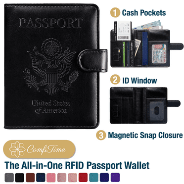 ComfiTime Passport Holder – RFID Blocking Passport Travel Wallet, Waterproof PU Leather Passport Cover Case for Men/Women, Anti-Theft ID, Card & Boarding Pass Holder & Travel Organizer, Black