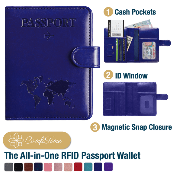 ComfiTime Passport Holder – RFID Blocking Passport Travel Wallet, Waterproof PU Leather Passport Cover Case for Men/Women, Anti-Theft ID, Card & Boarding Pass Holder & Travel Organizer, Royal Blue