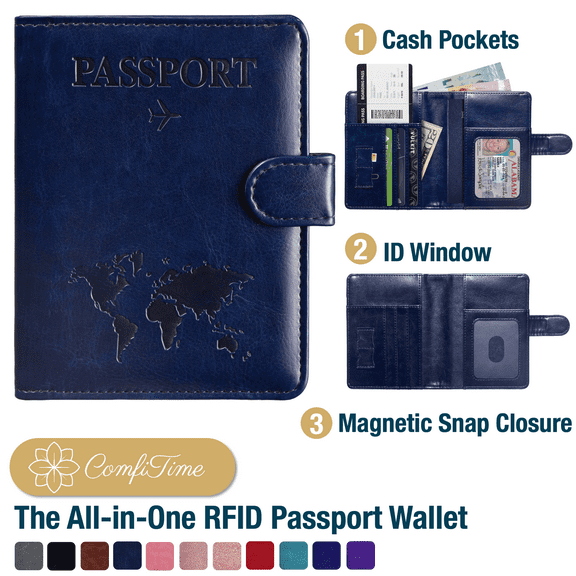 ComfiTime Passport Holder – RFID Blocking Passport Travel Wallet, Waterproof PU Leather Passport Cover Case for Men/Women, Anti-Theft ID, Card & Boarding Pass Holder & Travel Organizer, Navy Blue