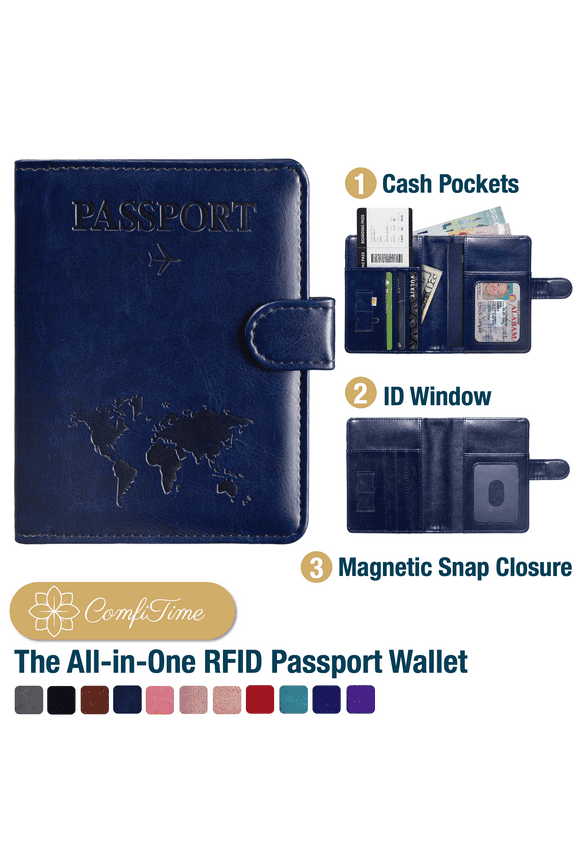 Passport Holder – RFID Blocking Passport Travel Wallet, Waterproof PU Leather Passport Cover Case for Men/Women, Anti-Theft ID, Card & Boarding Pass Holder & Travel Organizer, Navy Blue