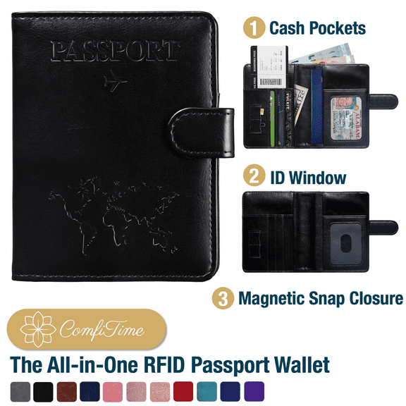 ComfiTime Passport Holder – RFID Blocking Passport Travel Wallet, Waterproof PU Leather Passport Cover Case for Men/Women, Anti-Theft ID, Card & Boarding Pass Holder & Travel Organizer, Black